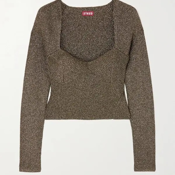 STAUD Cerro Metallic Ribbed-Knit Bustier Top Large. 13 - Picture 2 of 8